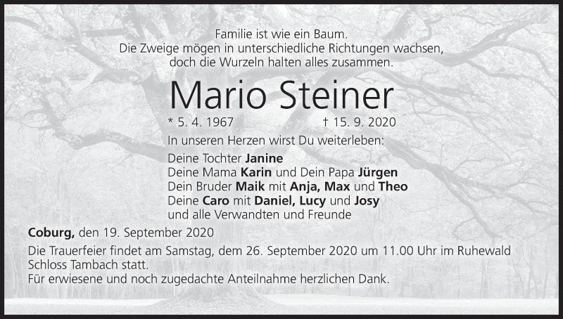  Traueranzeige für Mario Steiner vom 19.09.2020 aus MGO