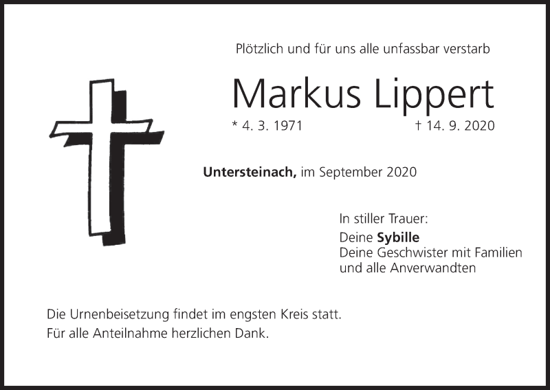  Traueranzeige für Markus Lippert vom 19.09.2020 aus MGO