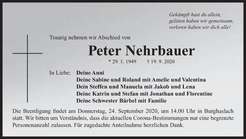  Traueranzeige für Peter Nehrbauer vom 23.09.2020 aus MGO