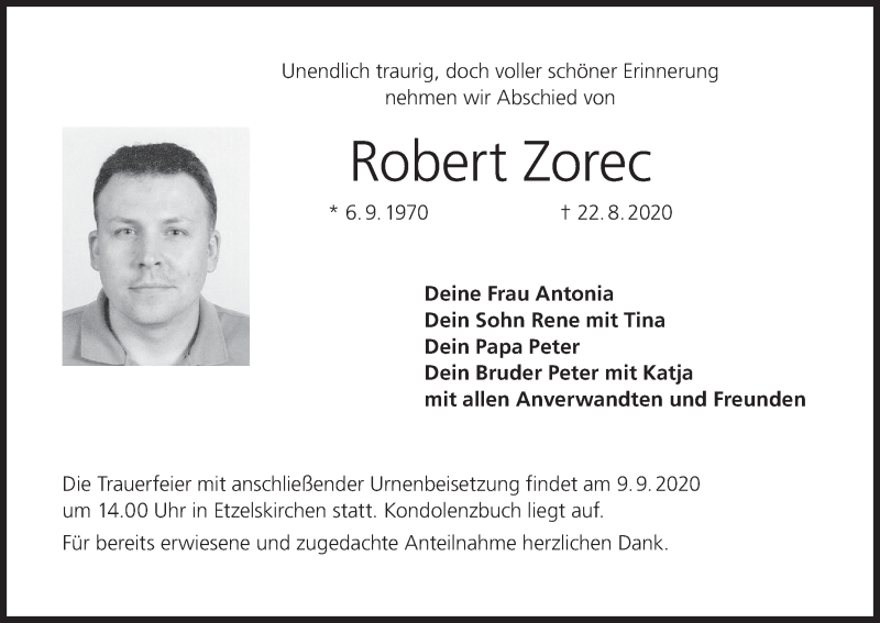  Traueranzeige für Robert Zorec vom 05.09.2020 aus MGO