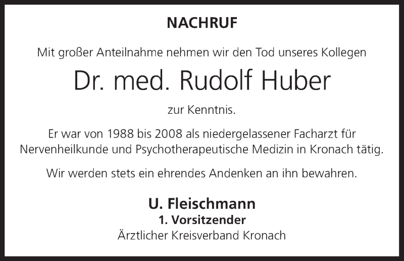  Traueranzeige für Rudolf Huber vom 26.09.2020 aus MGO