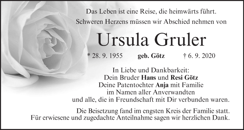  Traueranzeige für Ursula Gruler vom 19.09.2020 aus MGO
