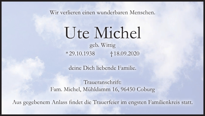  Traueranzeige für Ute Michel vom 22.09.2020 aus MGO