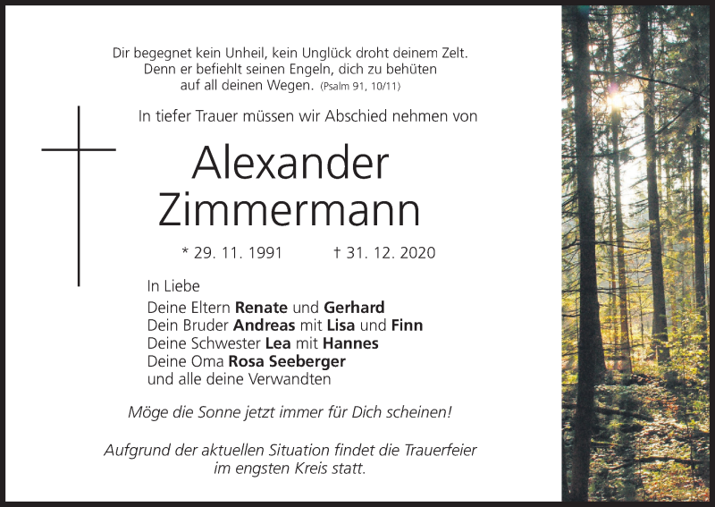  Traueranzeige für Alexander Zimmermann vom 13.01.2021 aus MGO