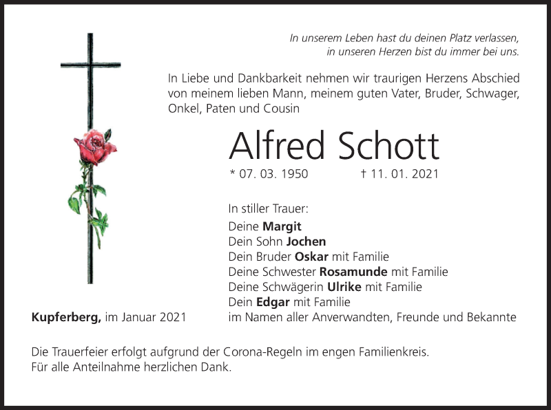  Traueranzeige für Alfred Schott vom 14.01.2021 aus MGO