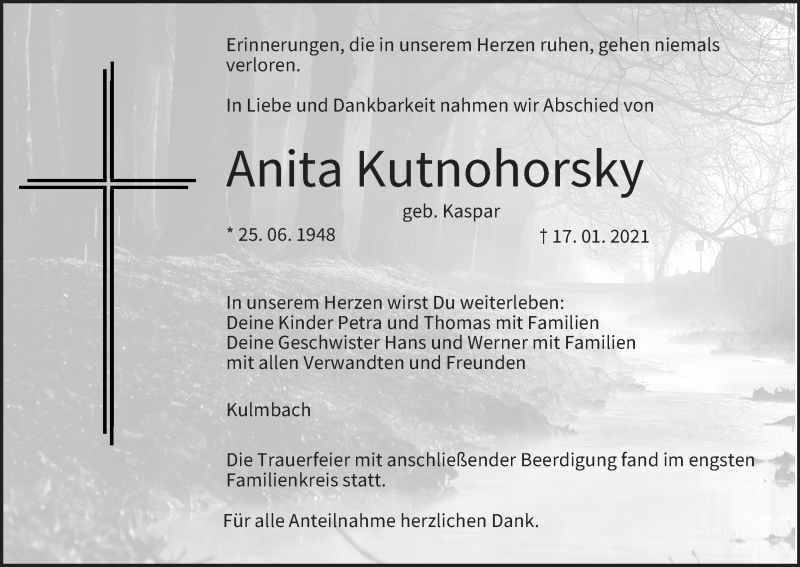  Traueranzeige für Anita Kutnohorsky vom 23.01.2021 aus MGO
