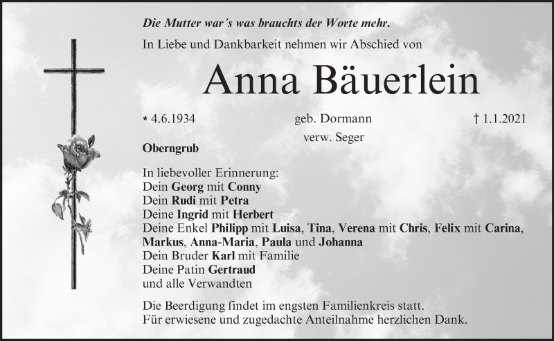 Traueranzeige für Anna Bäuerlein vom 05.01.2021 aus MGO