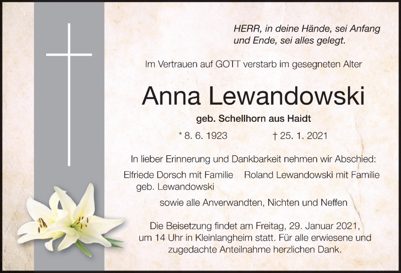  Traueranzeige für Anna Lewandowski vom 27.01.2021 aus MGO