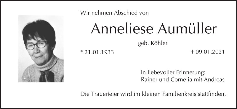  Traueranzeige für Anneliese Aumüller vom 16.01.2021 aus MGO