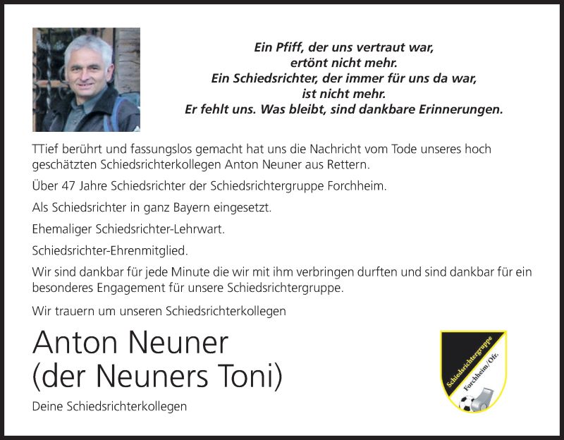  Traueranzeige für Anton Neuner vom 22.01.2021 aus MGO