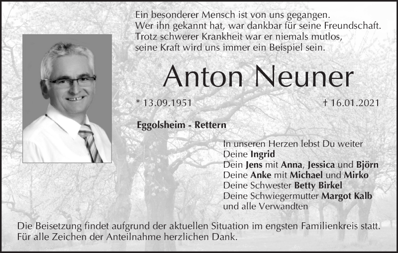 Traueranzeige für Anton Neuner vom 19.01.2021 aus MGO
