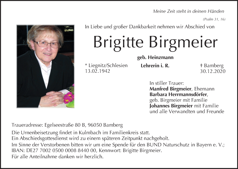  Traueranzeige für Brigitte Birgmeier vom 09.01.2021 aus MGO