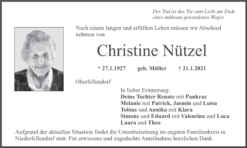  Traueranzeige für Christine Nützel vom 23.01.2021 aus MGO