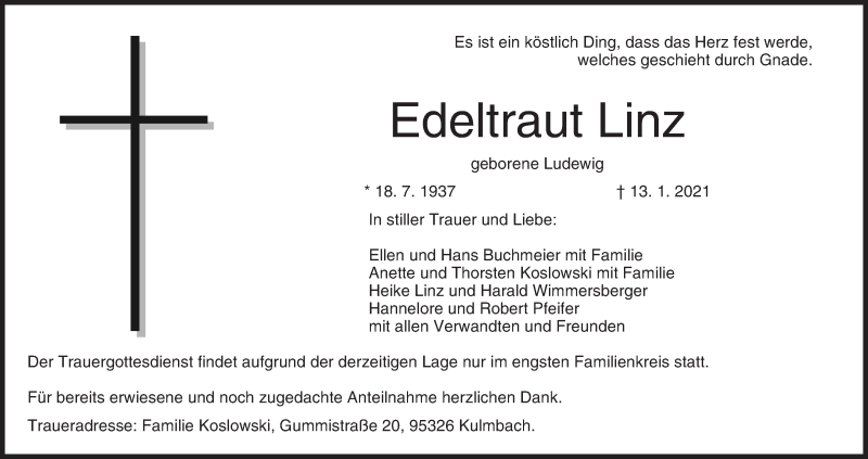  Traueranzeige für Edeltraut Linz vom 22.01.2021 aus MGO