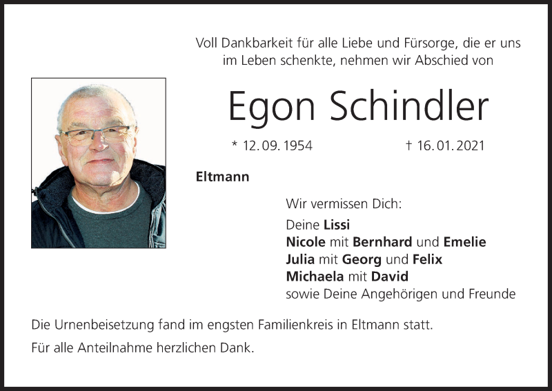  Traueranzeige für Egon Schindler vom 25.01.2021 aus MGO