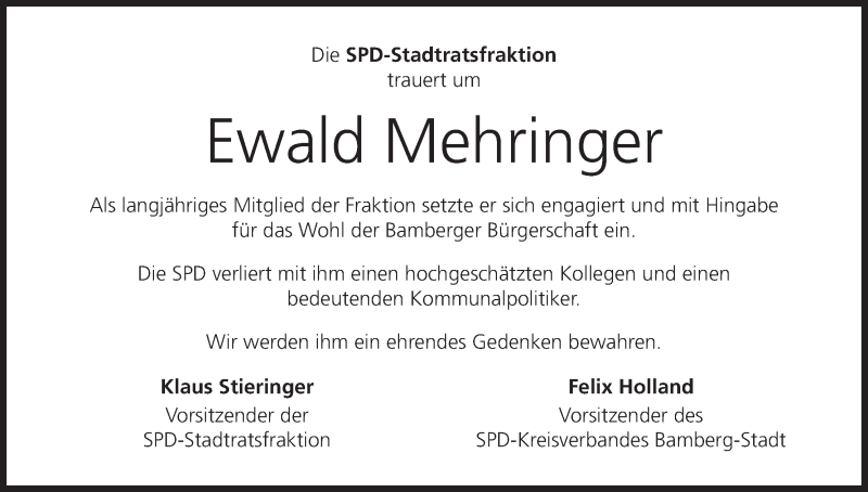  Traueranzeige für Ewald Mehringer vom 09.01.2021 aus MGO
