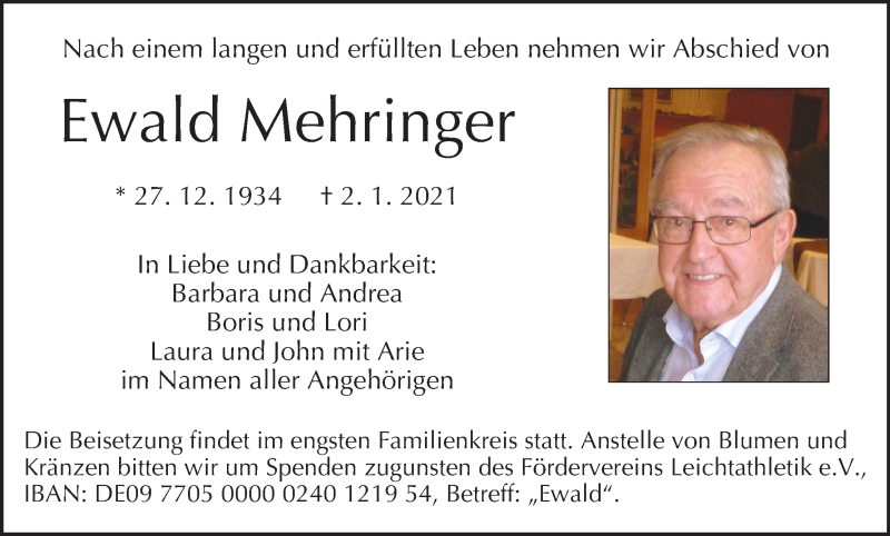  Traueranzeige für Ewald Mehringer vom 09.01.2021 aus MGO