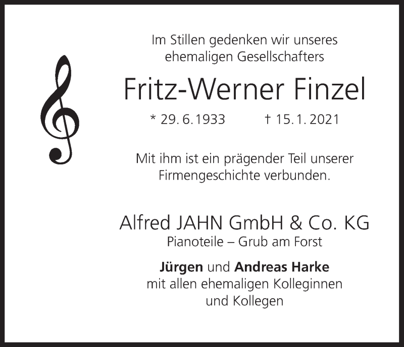  Traueranzeige für Fritz-Werner Finzel vom 30.01.2021 aus MGO