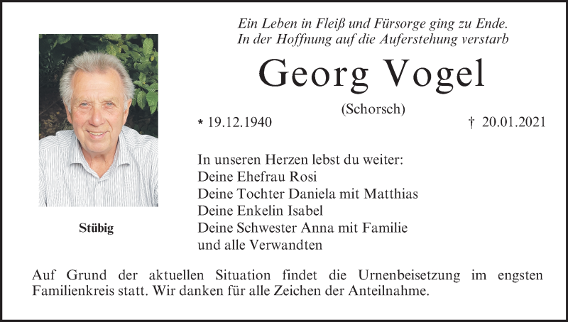 Georg Vogel | Traueranzeige | trauer.inFranken.de