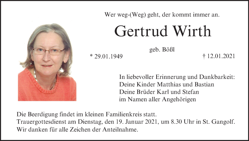  Traueranzeige für Gertrud Wirth vom 16.01.2021 aus MGO