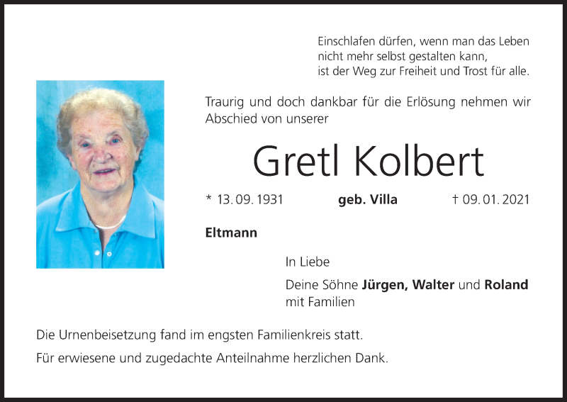  Traueranzeige für Gretl Kolbert vom 20.01.2021 aus MGO
