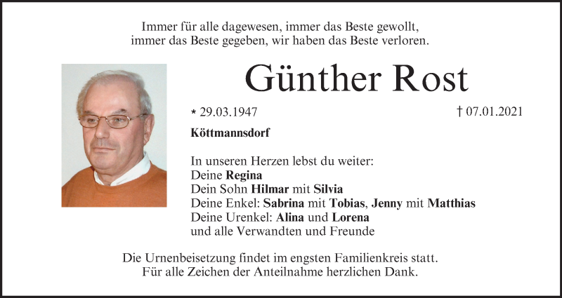  Traueranzeige für Günther Rost vom 18.01.2021 aus MGO