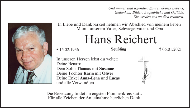  Traueranzeige für Hans Reichert vom 09.01.2021 aus MGO