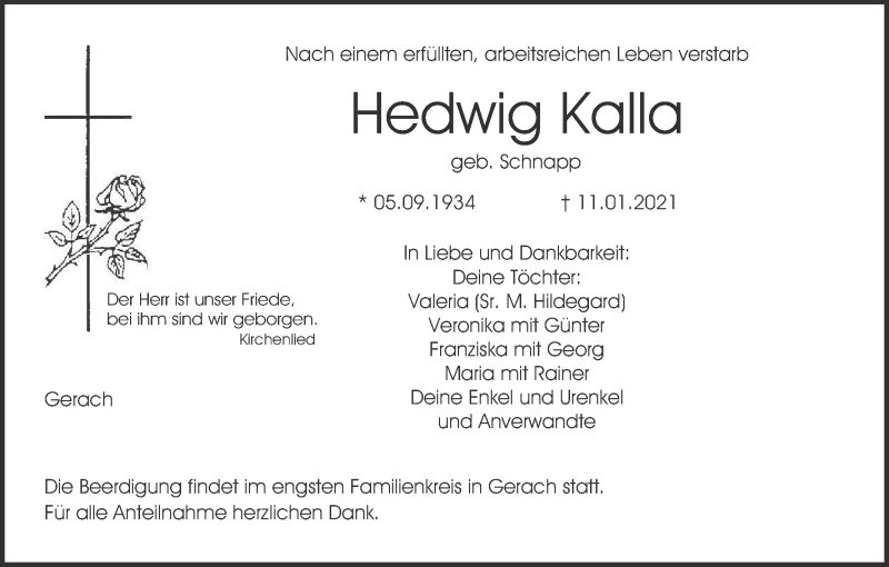  Traueranzeige für Hedwig Kalla vom 14.01.2021 aus MGO