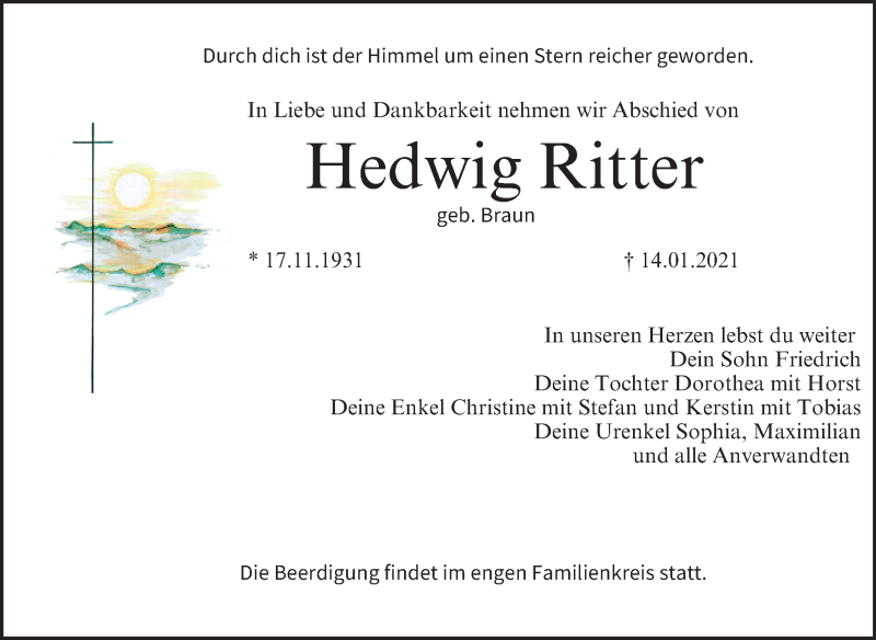  Traueranzeige für Hedwig Ritter vom 18.01.2021 aus MGO