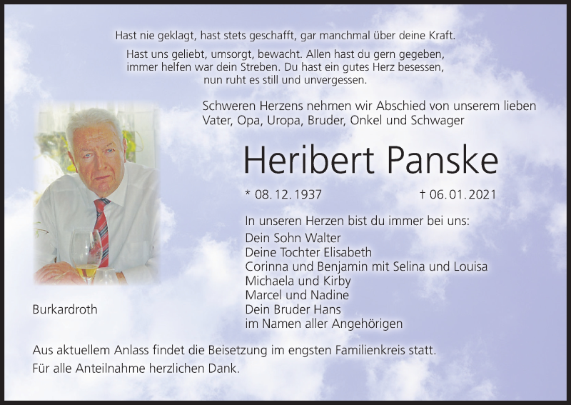 Traueranzeige für Heribert Panske vom 13.01.2021 aus MGO