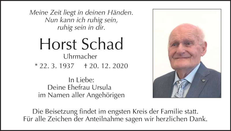  Traueranzeige für Horst Schad vom 09.01.2021 aus MGO