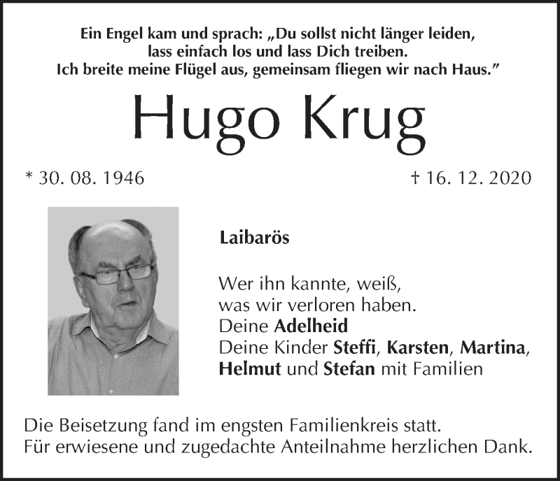  Traueranzeige für Hugo Krug vom 02.01.2021 aus MGO