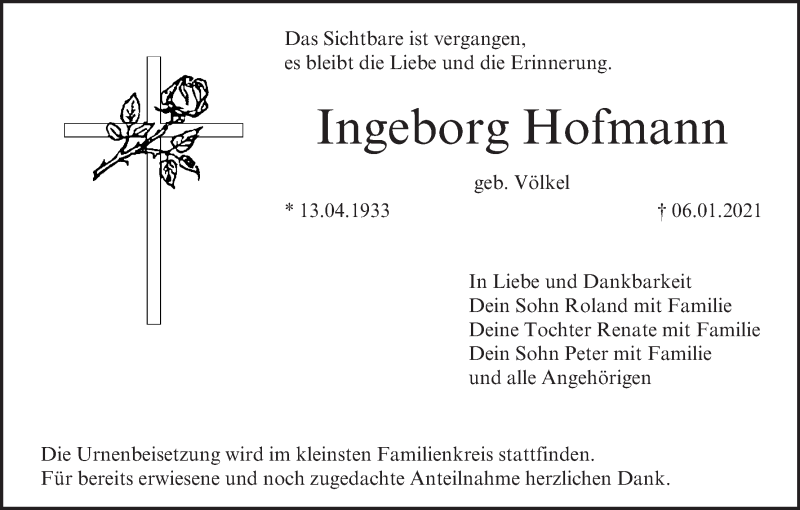  Traueranzeige für Ingeborg Hofmann vom 09.01.2021 aus MGO