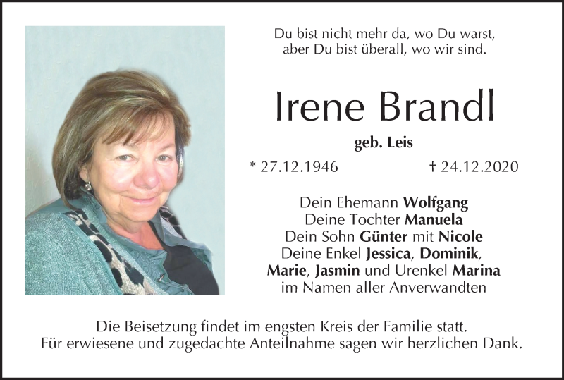  Traueranzeige für Irene Brandl vom 09.01.2021 aus MGO