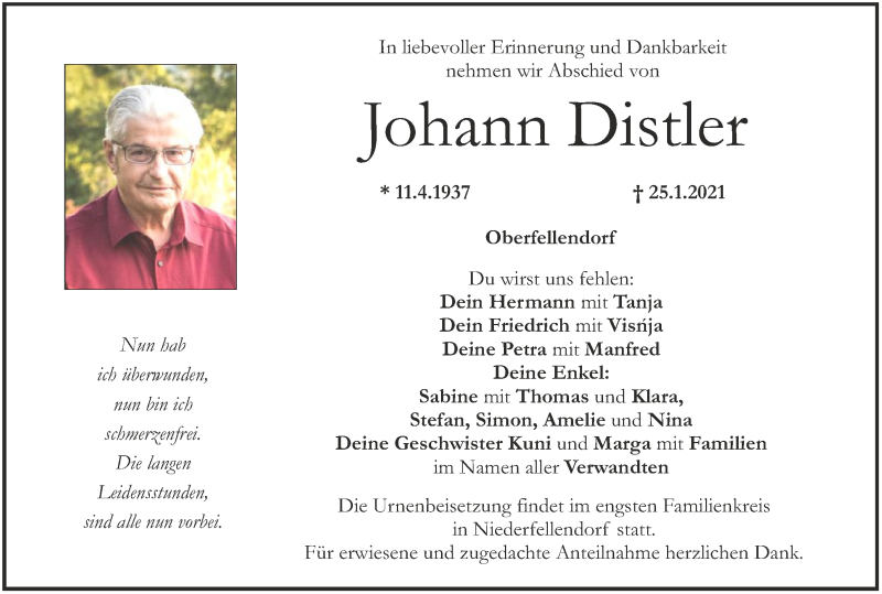  Traueranzeige für Johann Distler vom 27.01.2021 aus MGO