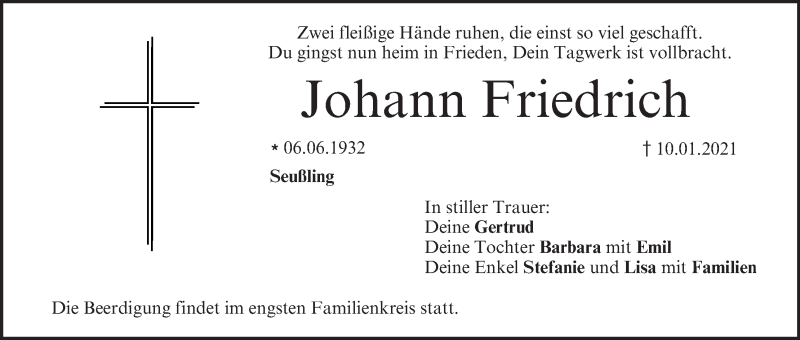  Traueranzeige für Johann Friedrich vom 13.01.2021 aus MGO