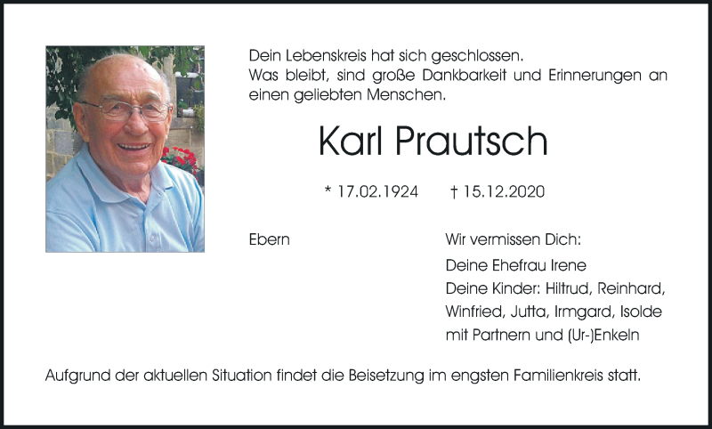  Traueranzeige für Karl Prautsch vom 05.01.2021 aus MGO