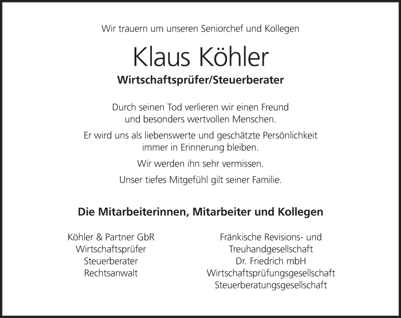  Traueranzeige für Klaus Köhler vom 23.01.2021 aus MGO