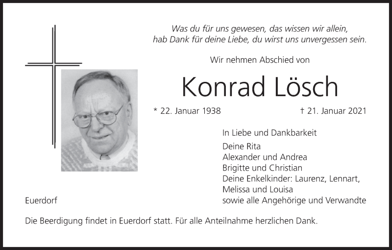 Traueranzeige für Konrad Lösch vom 23.01.2021 aus MGO