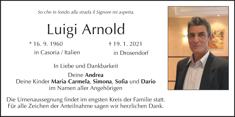  Traueranzeige für Luigi Arnold vom 30.01.2021 aus MGO