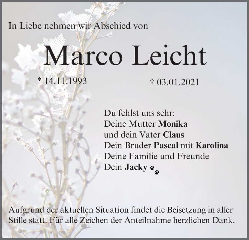 Traueranzeige für Marco Leicht vom 16.01.2021 aus MGO