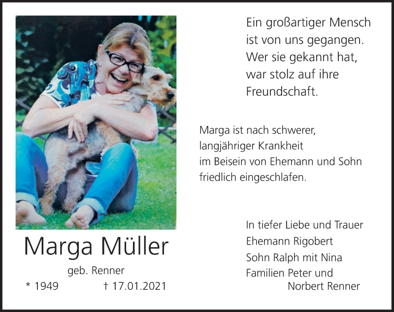  Traueranzeige für Marga Müller vom 20.01.2021 aus MGO