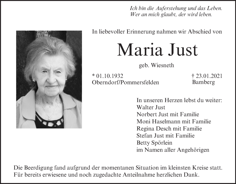  Traueranzeige für Maria Just vom 30.01.2021 aus MGO