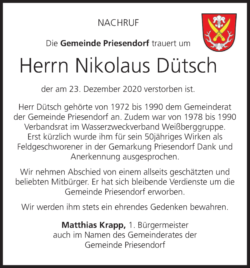  Traueranzeige für Nikolaus Dütsch vom 09.01.2021 aus MGO