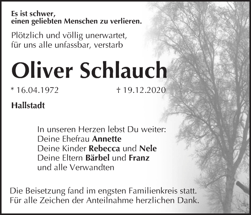  Traueranzeige für Oliver Schlauch vom 23.01.2021 aus MGO