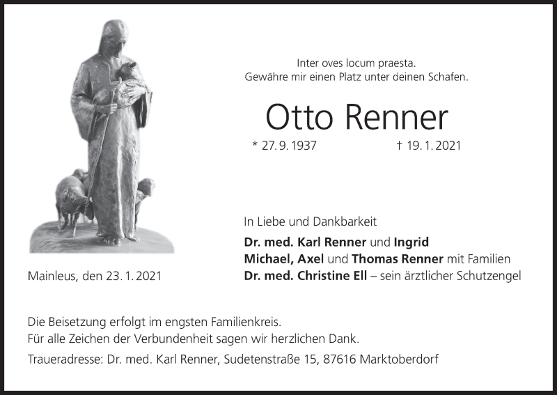  Traueranzeige für Otto Renner vom 23.01.2021 aus MGO