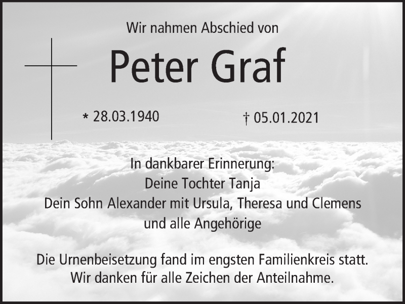  Traueranzeige für Peter Graf vom 23.01.2021 aus MGO