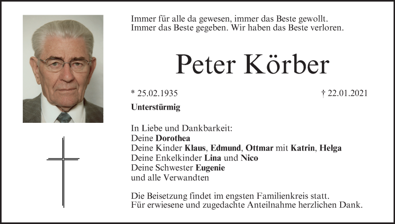  Traueranzeige für Peter Körber vom 25.01.2021 aus MGO