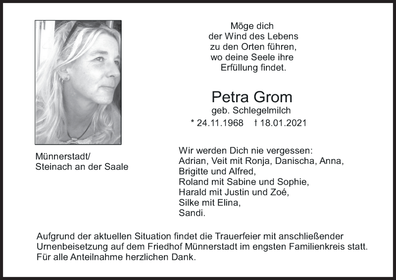  Traueranzeige für Petra Grom vom 30.01.2021 aus MGO