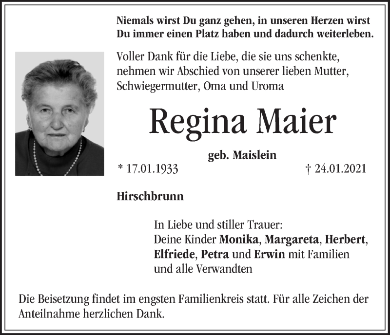  Traueranzeige für Regina Maier vom 27.01.2021 aus MGO